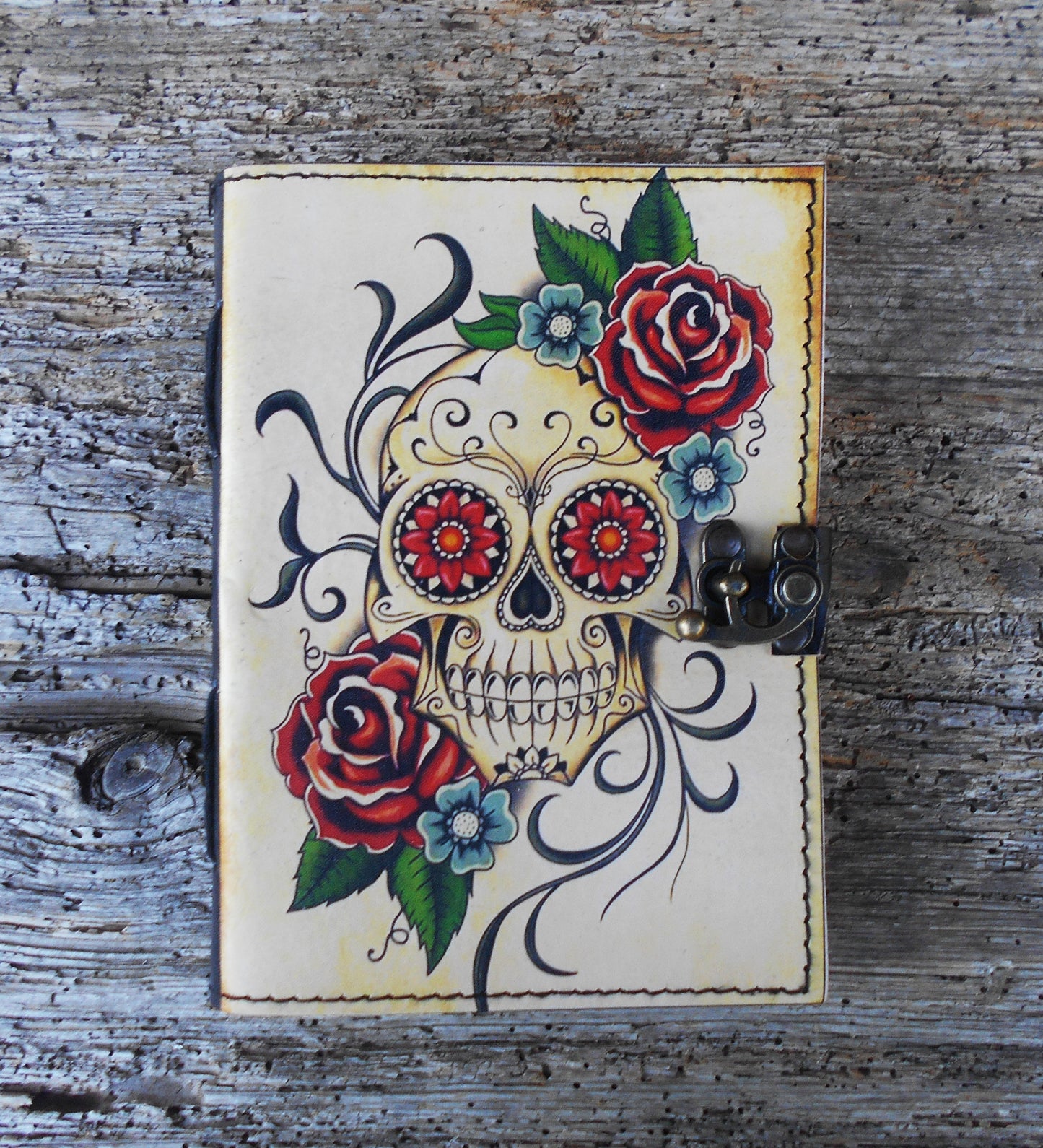 Leder-Notizbuch, handgearbeitet, Tagebuch, handgeschöpftes Papier, Totenkopf
