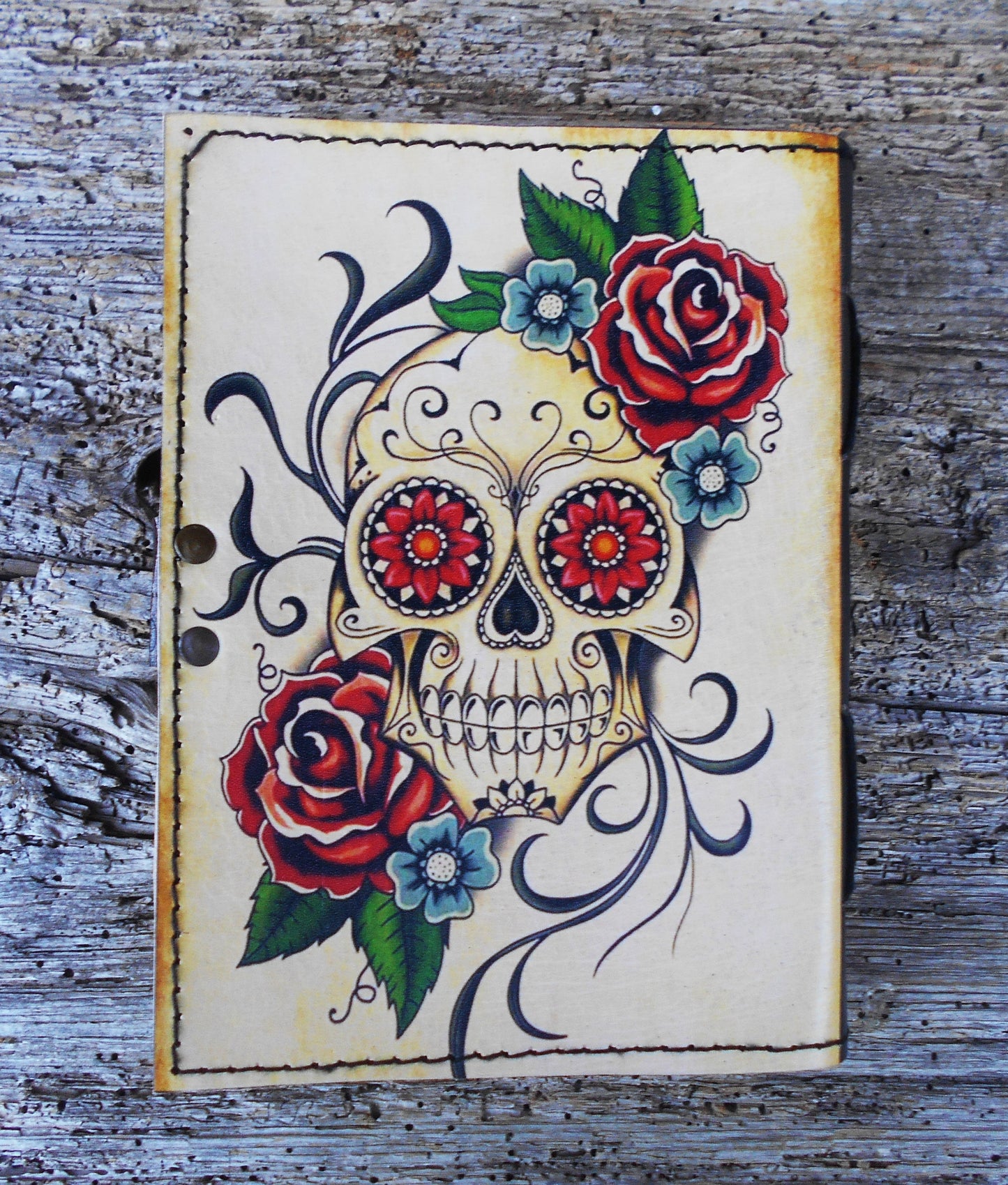 Leder-Notizbuch, handgearbeitet, Tagebuch, handgeschöpftes Papier, Totenkopf