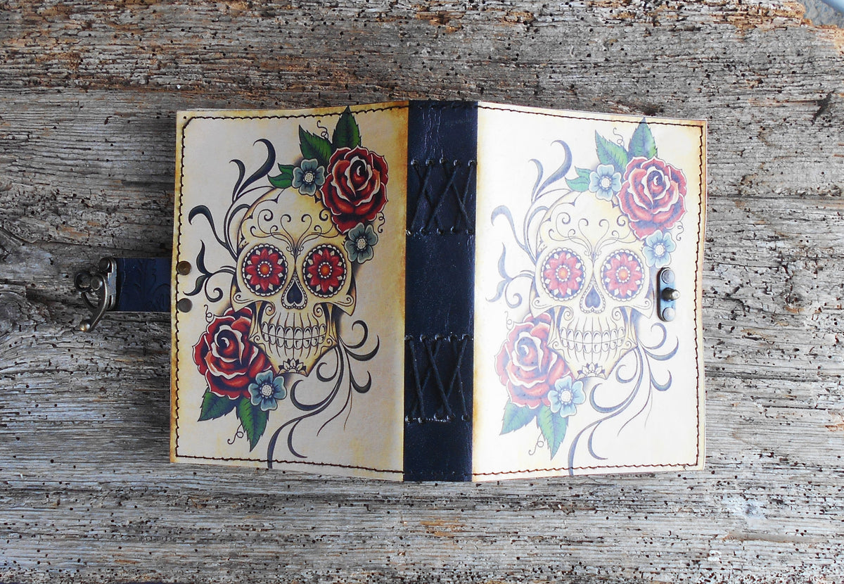 Leder-Notizbuch, handgearbeitet, Tagebuch, handgeschöpftes Papier, Totenkopf