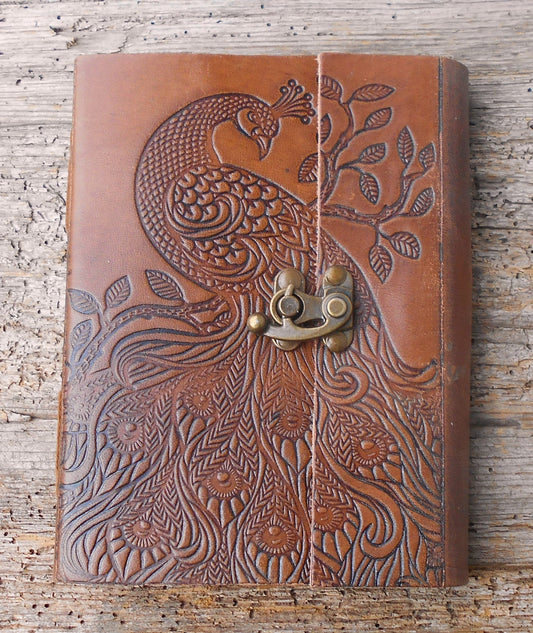 Leder-Notizbuch, handgearbeitet, Tagebuch, Vintage Notizbuch, handgeschöpftes Papier, braun, Pfau