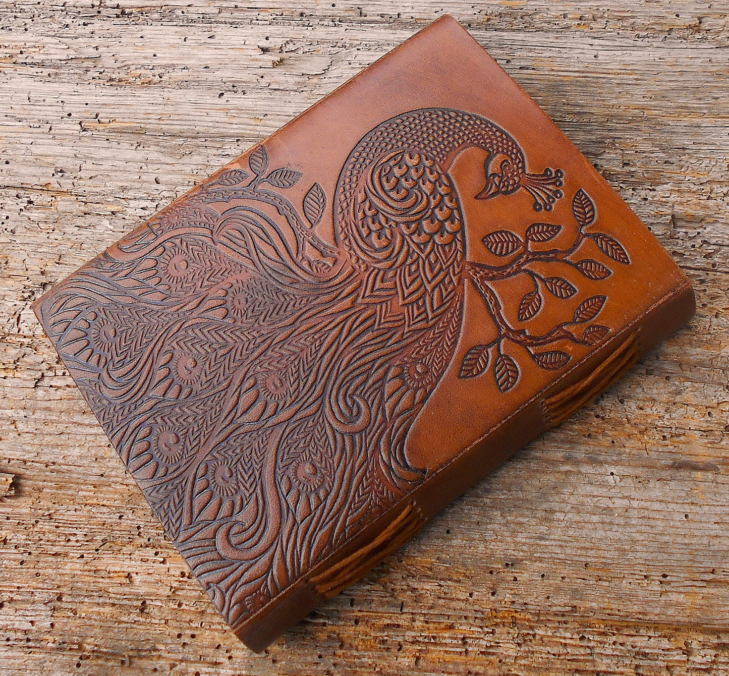 Leder-Notizbuch, handgearbeitet, Tagebuch, Vintage Notizbuch, handgeschöpftes Papier, braun, Pfau