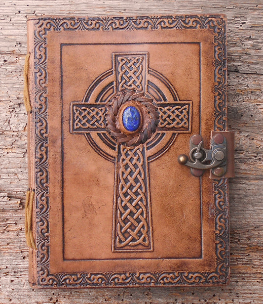 Leder-Notizbuch, handgearbeitet, Tagebuch, Vintage Notizbuch, handgeschöpftes Papier, braun, Keltisches Kreuz