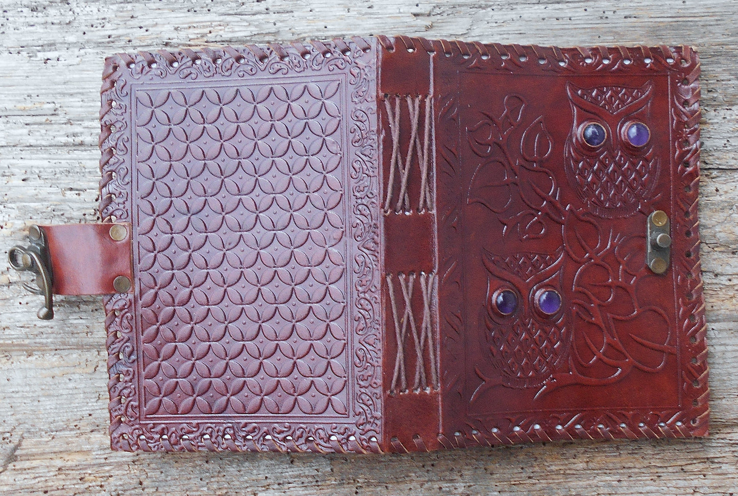 Leder-Notizbuch, handgearbeitet, Tagebuch, handgeschöpftes Papier, braun, Eule